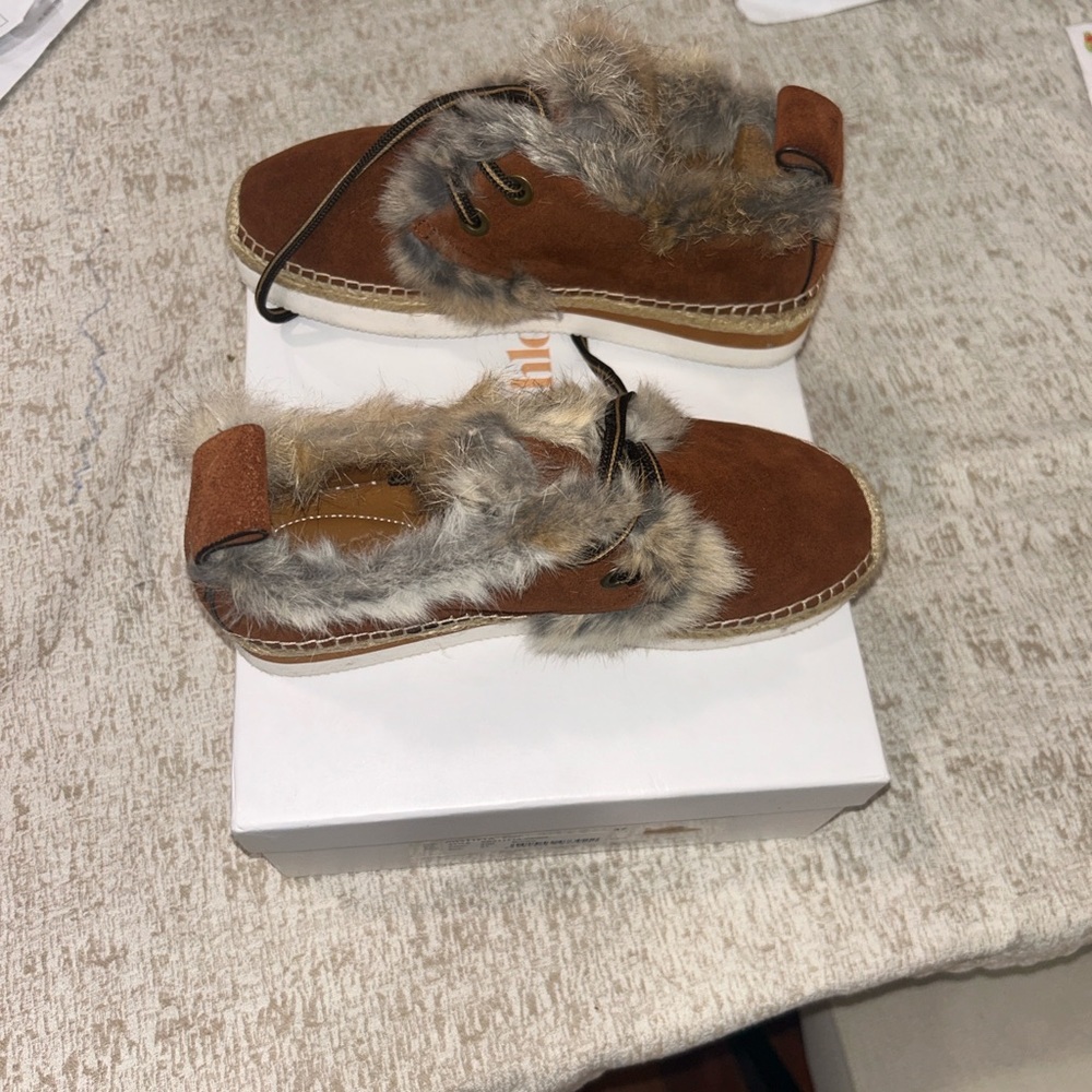 See by Chloe Brown rabbit Fur-Trimmed Sneakers